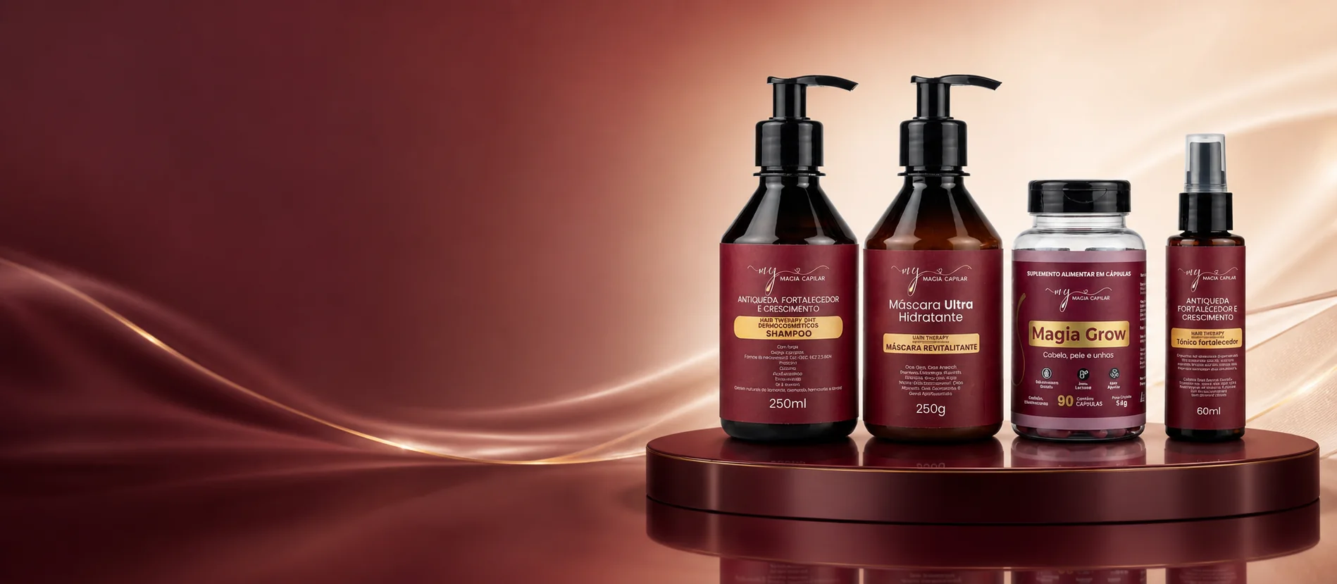 Linha Magia Capilar com shampoo, máscara, vitamina e tônico